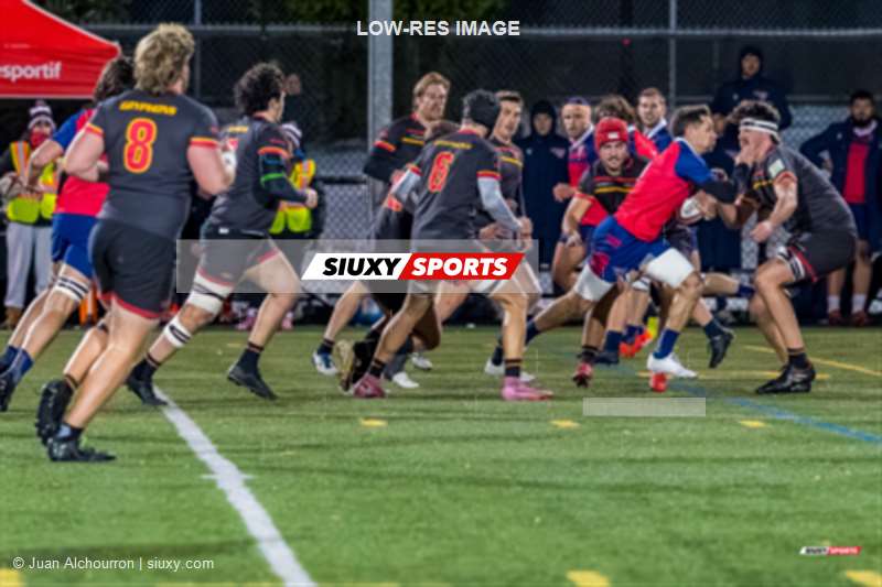 Stanislas BLAZKOWSKI - Sebastiano De GRANDIS - Kal SAGER - Owen WILLIAMS -  ÉTS (École de technologie supérieure) - University of Guelph - Rugby - CANUMENS 2025 - École de Technologie Supérieure vs University of Guelph - Game#12 - Final (#CANUMENS2552) Photo by: Juan Alchourron | Siuxy Sports 2025-11-16
