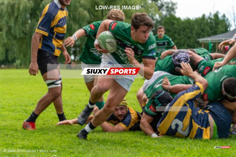 Xabi CHRIT - Owen CUMMING - Duilio Joaquin SORRENTINO -  Montreal Irish RFC - Town of Mount Royal RFC - Rugby - Rugby Québec - Montreal Irish (5) vs (43) TMR RFC - Semi Finales M1 - 1er mi-temps (#2023RQM1MITMR18) Photo by: Juan Alchourron | Siuxy Sports 2023-08-12