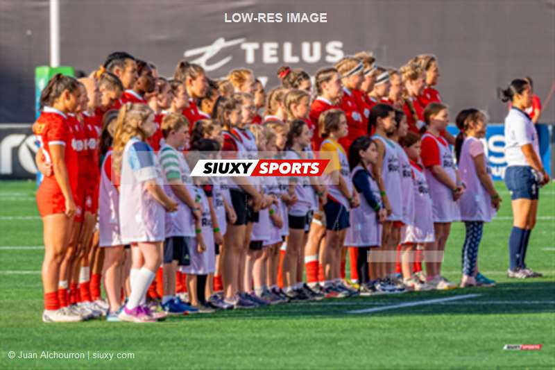 Olivia APPS - Fancy BERMUDEZ - Tyson BEUKEBOOM - Gillian BOAG - Sophie DE GOEDE - Olivia DEMERCHANT - Alexandria ELLIS - Paige FARRIES - Fabiola FORTEZA - Claire GALLAGHER - Courtney HOLTKAMP - McKinley HUNT - Sara KALJUVEE - DaLeaka MENIN - Justine PELLETIER - Sabrina POULIN - Julia SCHELL - Gabrielle SENFT - Shoshanah SEUMANUTAFA - Sara SVOBODA - Florence SYMONDS - Emma TAYLOR - Emily TUTTOSI -  Canada Rugby XV F - New Zealand national rugby union team (W) - Rugby - World Rugby Pacific Four Series - Canada vs New Zealand - Before game (#2023WRP4SCANNZL0) Photo by: Juan Alchourron | Siuxy Sports 2023-07-08